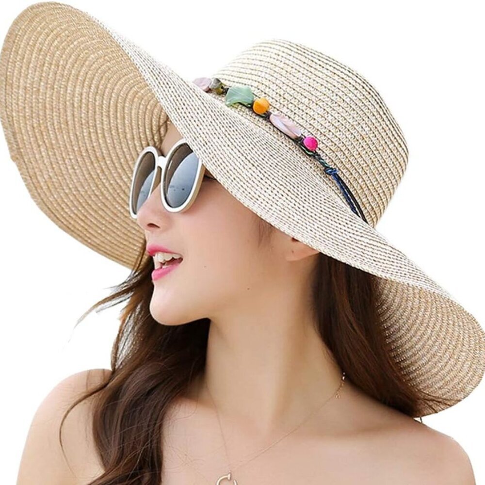Women's Wide Brim Sun Protection Straw Hat,Folable Floppy Hat,Summer UV Protecti